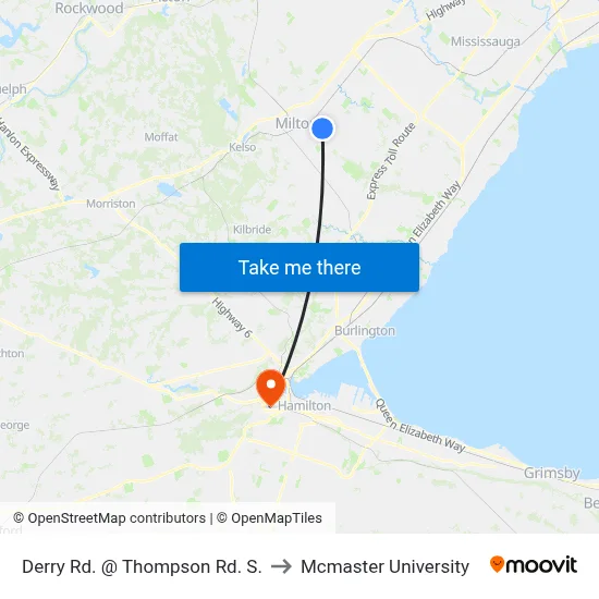 Derry Rd. @ Thompson Rd. S. to Mcmaster University map