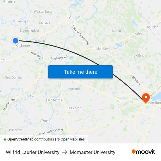 Wilfrid Laurier University to Mcmaster University map