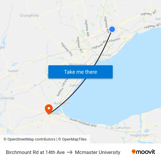 Birchmount Rd at 14th Ave to Mcmaster University map