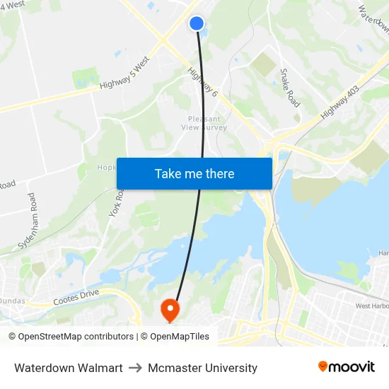 Waterdown Walmart to Mcmaster University map