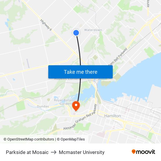 Parkside at Mosaic to Mcmaster University map