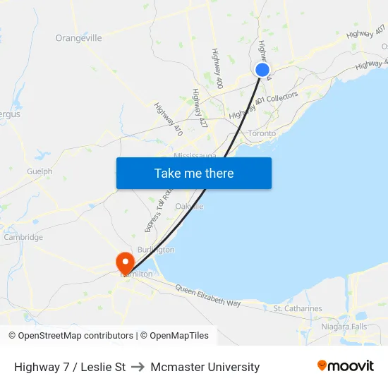 Highway 7 / Leslie St to Mcmaster University map