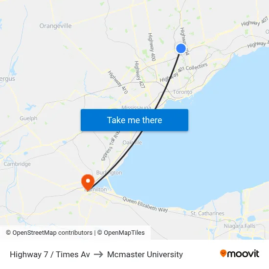 Highway 7 / Times Av to Mcmaster University map