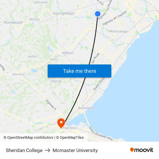 Sheridan College to Mcmaster University map