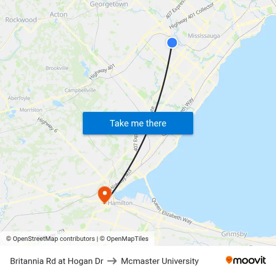 Britannia Rd at Hogan Dr to Mcmaster University map
