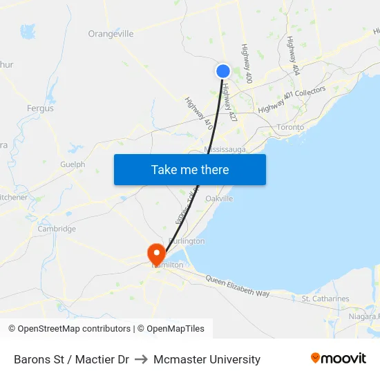 Barons St / Mactier Dr to Mcmaster University map