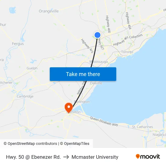 Hwy. 50 @ Ebenezer Rd. to Mcmaster University map