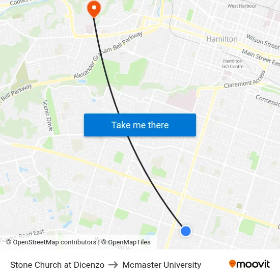 Stone Church at Dicenzo to Mcmaster University map