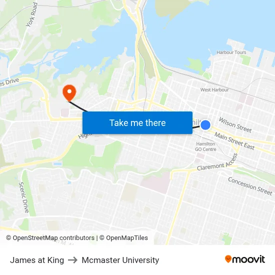 James at King to Mcmaster University map