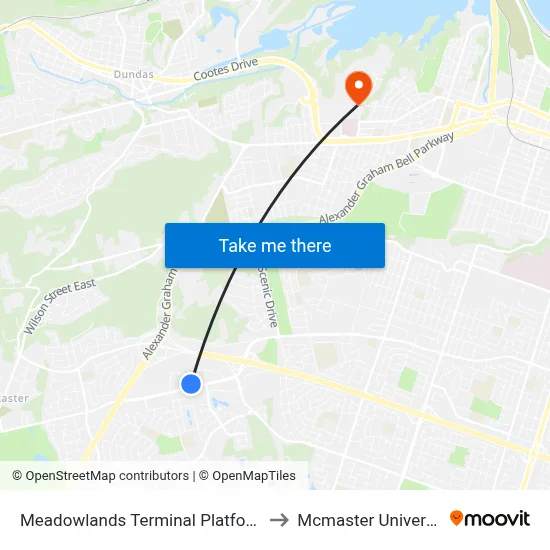 Meadowlands Terminal Platform 1 to Mcmaster University map