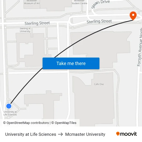 University at Life Sciences to Mcmaster University map