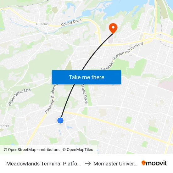 Meadowlands Terminal Platform 2 to Mcmaster University map