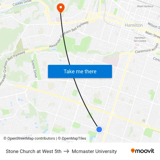Stone Church at West 5th to Mcmaster University map