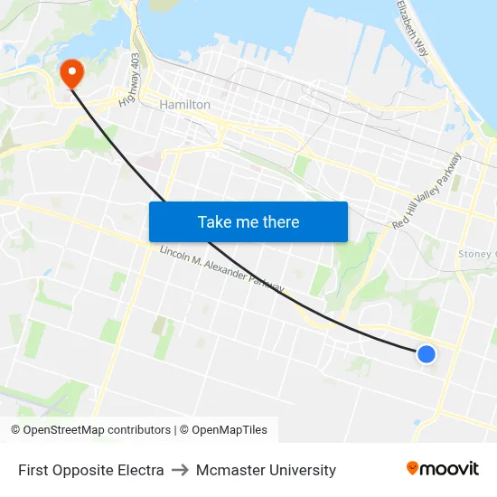 First Opposite Electra to Mcmaster University map
