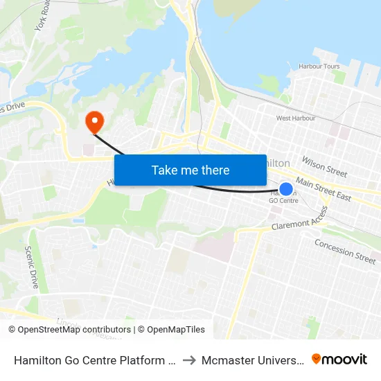 Hamilton Go Centre Platform 18 to Mcmaster University map