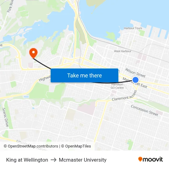 King at Wellington to Mcmaster University map