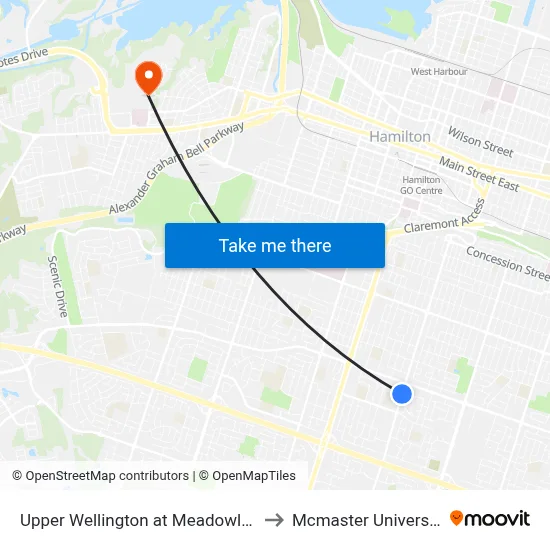 Upper Wellington at Meadowlark to Mcmaster University map