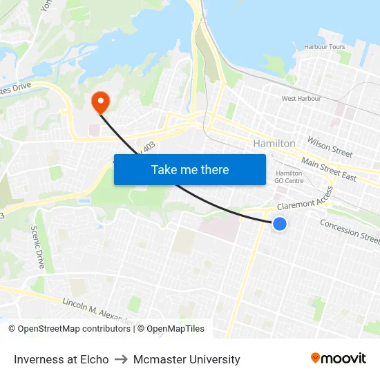 Inverness at Elcho to Mcmaster University map