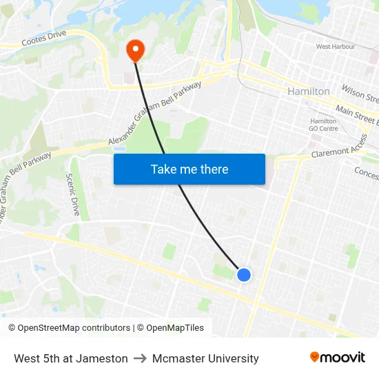 West 5th at Jameston to Mcmaster University map
