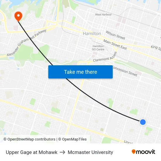 Upper Gage at Mohawk to Mcmaster University map