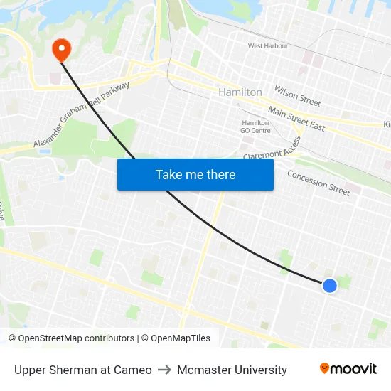 Upper Sherman at Cameo to Mcmaster University map