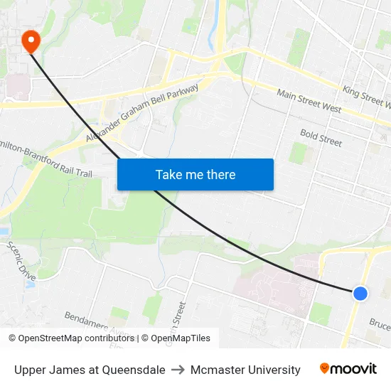 Upper James at Queensdale to Mcmaster University map