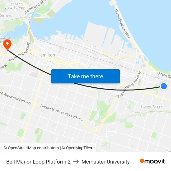 Bell Manor Loop Platform 2 to Mcmaster University map