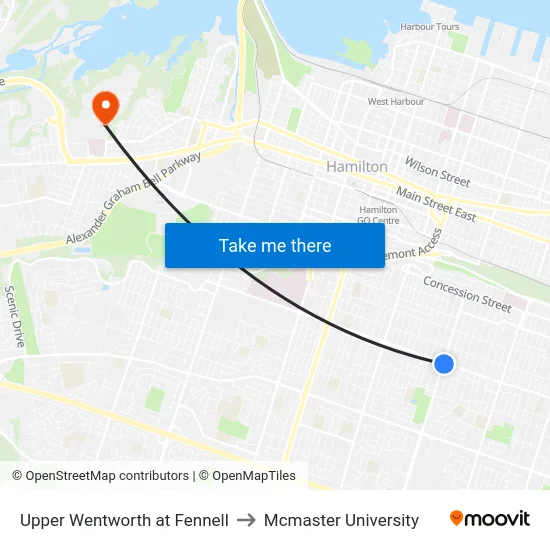 Upper Wentworth at Fennell to Mcmaster University map