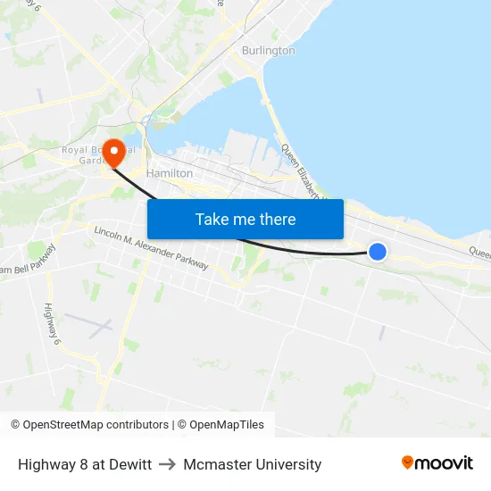 Highway 8 at Dewitt to Mcmaster University map