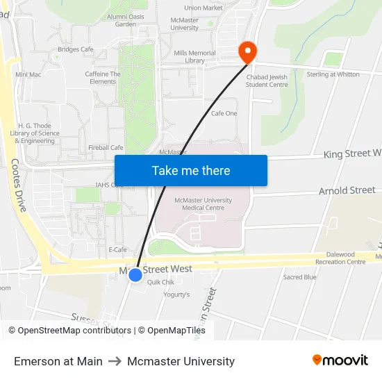Emerson at Main to Mcmaster University map