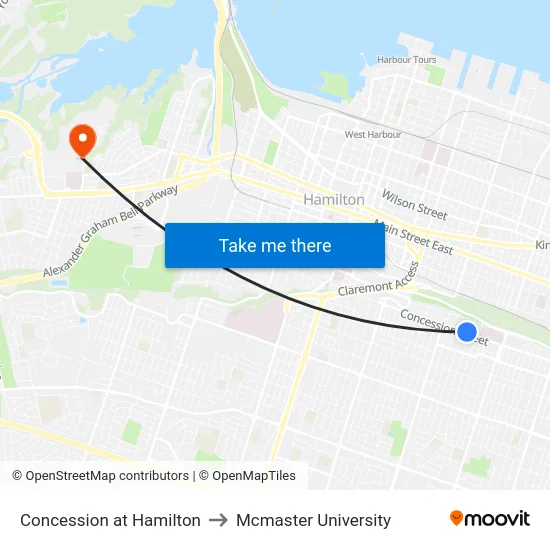 Concession at Hamilton to Mcmaster University map