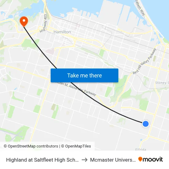 Highland at Saltfleet High School to Mcmaster University map