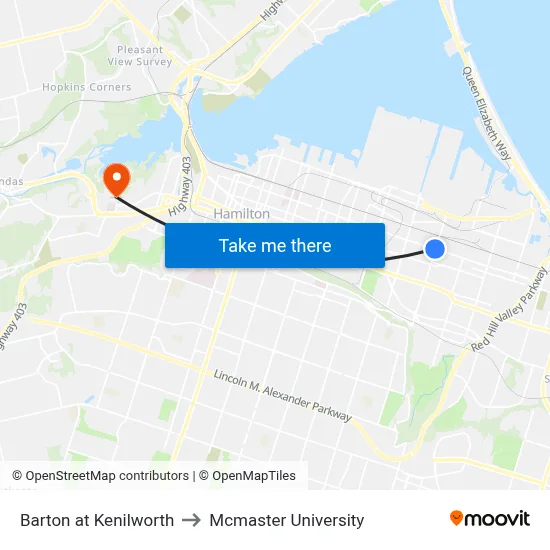 Barton at Kenilworth to Mcmaster University map