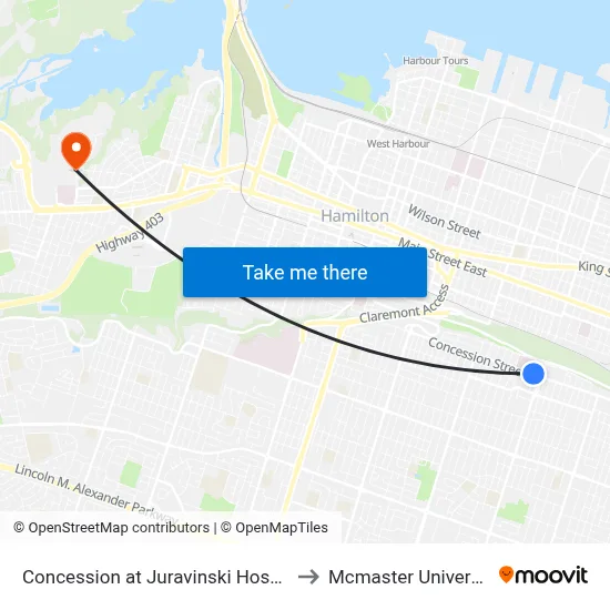 Concession at Juravinski Hospital to Mcmaster University map