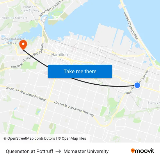 Queenston at Pottruff to Mcmaster University map