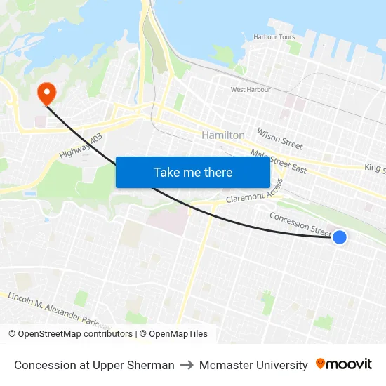 Concession at Upper Sherman to Mcmaster University map