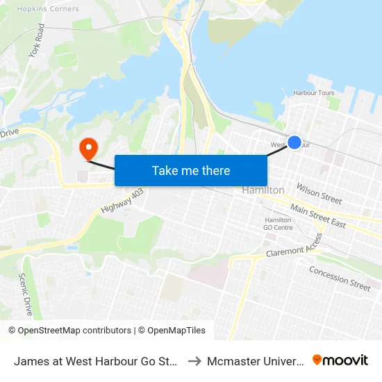 James at West Harbour Go Station to Mcmaster University map