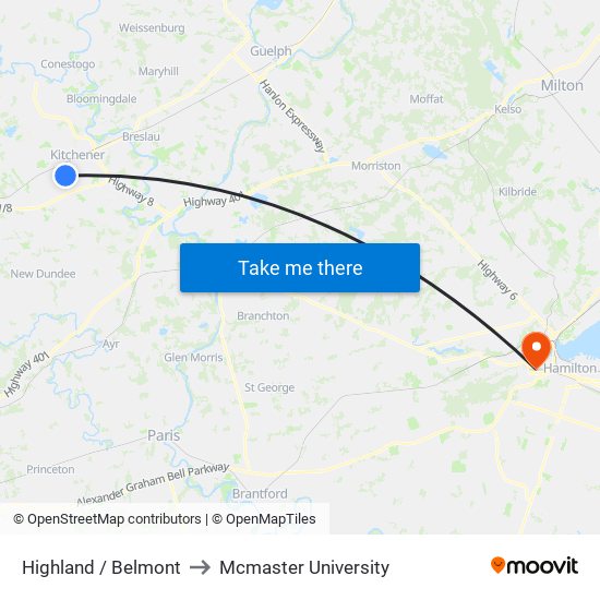 Highland / Belmont to Mcmaster University map