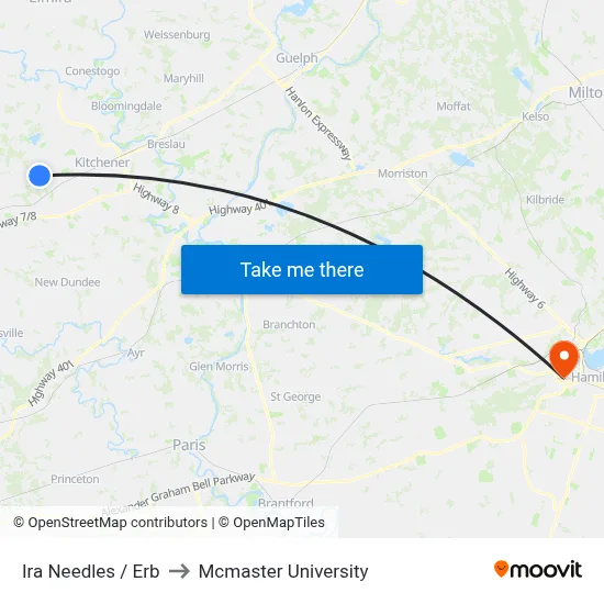 Ira Needles / Erb to Mcmaster University map