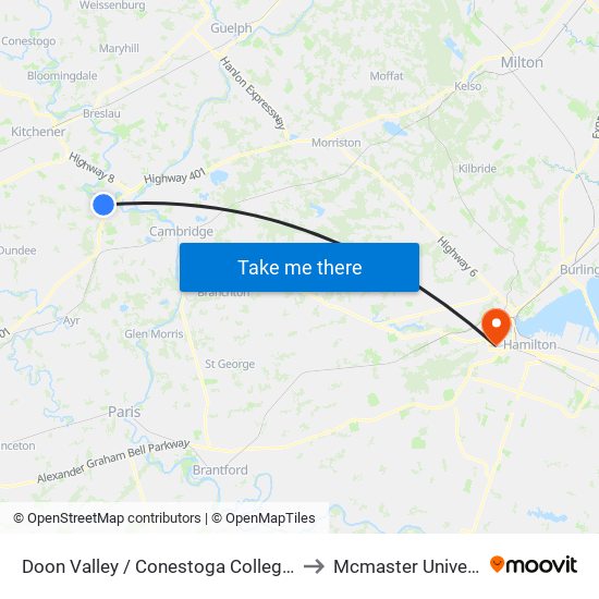 Doon Valley / Conestoga College Blvd. to Mcmaster University map