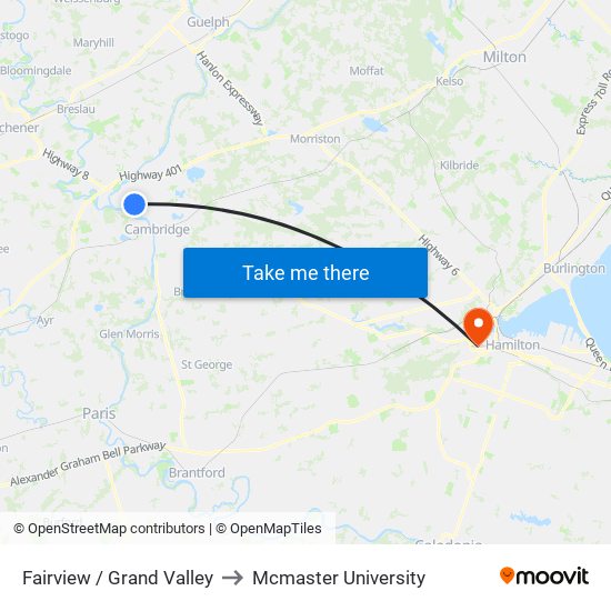 Fairview / Grand Valley to Mcmaster University map