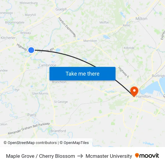 Maple Grove / Cherry Blossom to Mcmaster University map