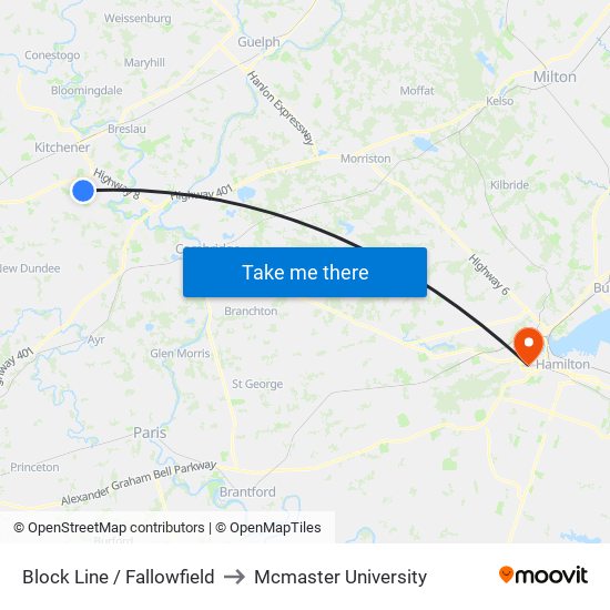 Block Line / Fallowfield to Mcmaster University map