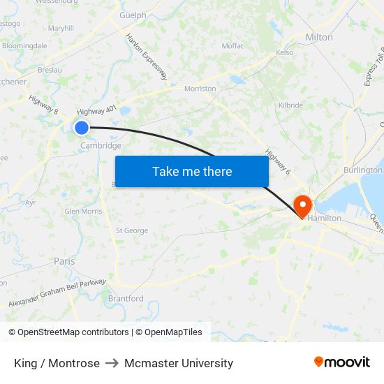 King / Montrose to Mcmaster University map