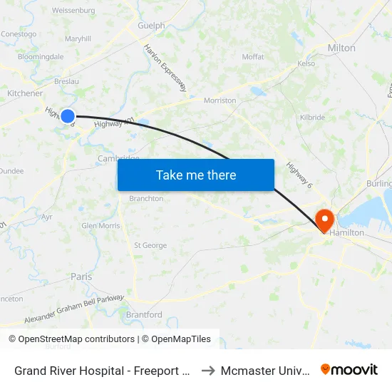 Grand River Hospital - Freeport Campus to Mcmaster University map