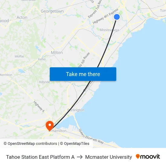 Tahoe Station East Platform A to Mcmaster University map