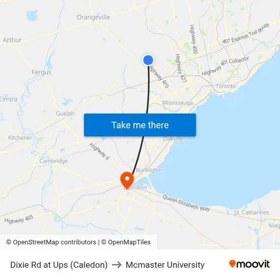 Dixie Rd at Ups (Caledon) to Mcmaster University map