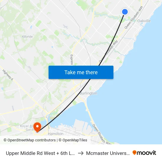 Upper Middle Rd West + 6th Line to Mcmaster University map
