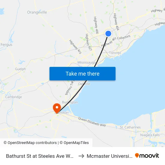 Bathurst St at Steeles Ave West to Mcmaster University map
