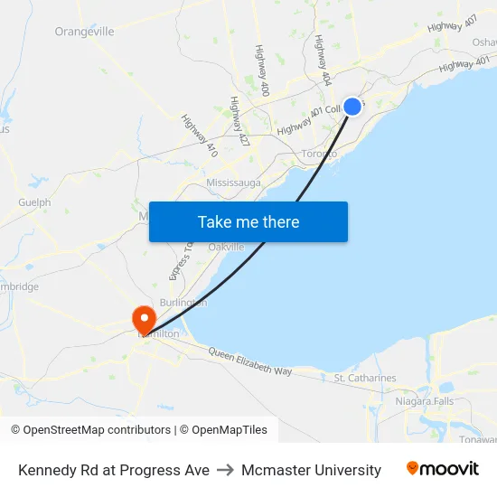 Kennedy Rd at Progress Ave to Mcmaster University map